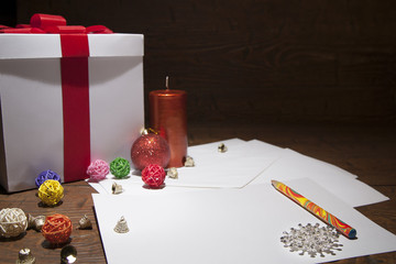 Naklejka na ściany i meble Christmas letter on wooden background with decorations