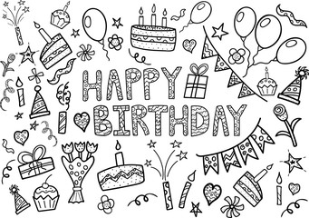 Happy Birthday doodle set with hand drawn elements