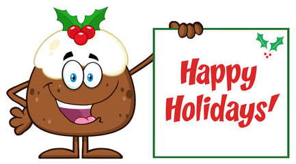 Jolly Christmas Pudding Character Presenting A Sign With A Holly Corner And Text