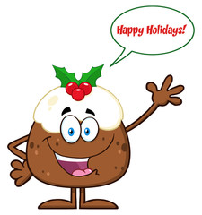 Happy Christmas Pudding Character Waving With Speech Bubble And Text