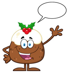 Happy Christmas Pudding Character Waving With Speech Bubble