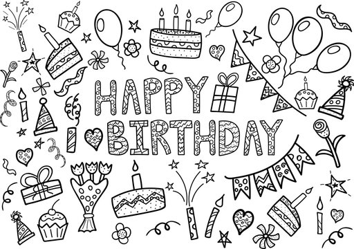 Happy Birthday doodle set with hand drawn elements