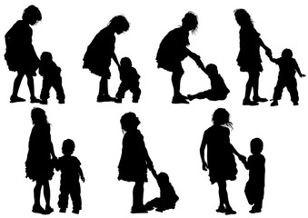 Silhouettes of a little girl and boy on a white background
