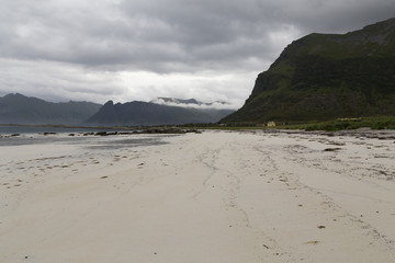 A long sand filled beach, with some mountains and clouds