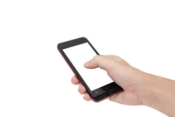 Hand are holding and pointing on Smart Phone Isolated on white background