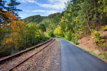 Rural Road and Railway Track Along Autumn Forest