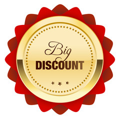 Big discount seal or icon. Glossy golden seal or button with stars and red color.