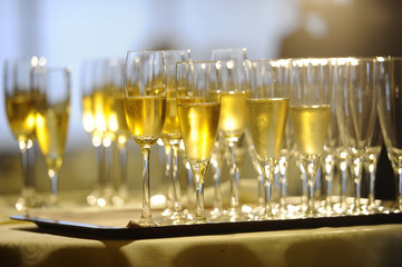 Champagne flautes prepared for a wedding reception

