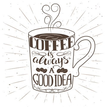 Hand drawn cup of coffee with text and decorative elements