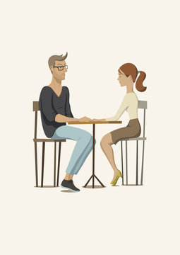 Romantic scene with a couple in love. Young man and woman at the table. Vector illustration.