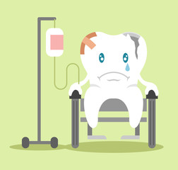 Bandaged sad tooth sitting on wheel chair. Vector flat illustration