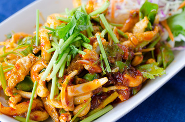 Thai spicy salad with three crispy varieties