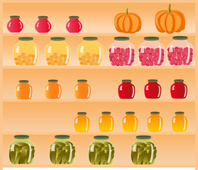 eco-friendly, natural grocery stores, compotes, preserves, jams on the shelves in the closet