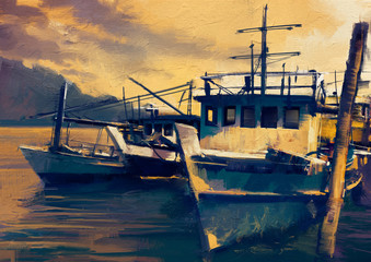 fishing boats in harbor,old painting style