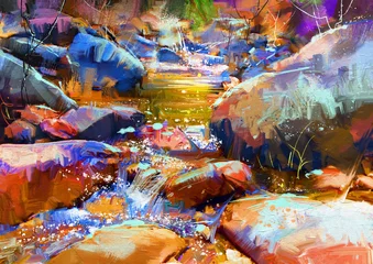 Keuken spatwand met foto beautiful waterfall with colorful stones in autumn forest,digital painting © grandfailure