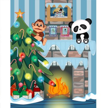 Christmas tree and fire place Vector Illustration