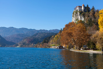 Bled Castle  built on top of a cliff overlooking lake