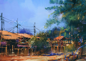 Fototapeta na wymiar old fishing village,oil painting style