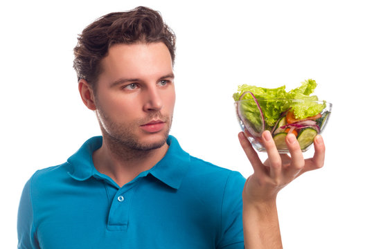 Man With Salad Isolated On White Background