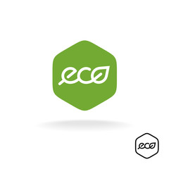 Eco text badge with green leaf. Linear style letters logo. Round