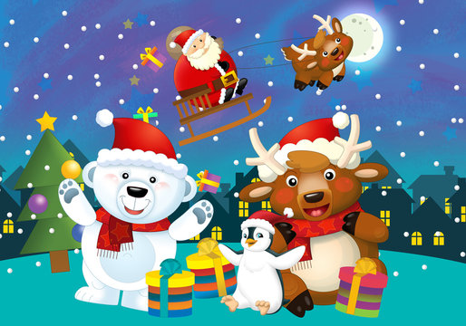 cartoon scene with santa flying with presesnts and couple of his friends bear penguin and deer