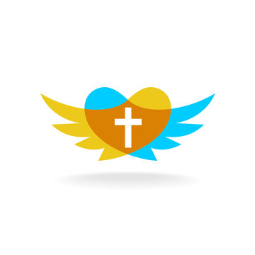 Religion logo with wings, heart silhouette and cross