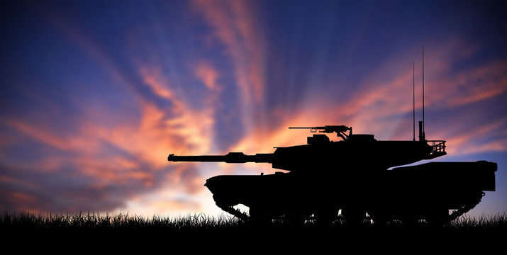 Modern heavy tank at sunset
