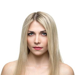 Beautiful woman with long straight blond hair.