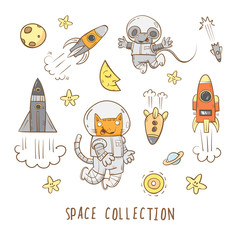Space set. Cartoon cat  astronaut and  mouse  astronaut fly in space. Vector doodle image.