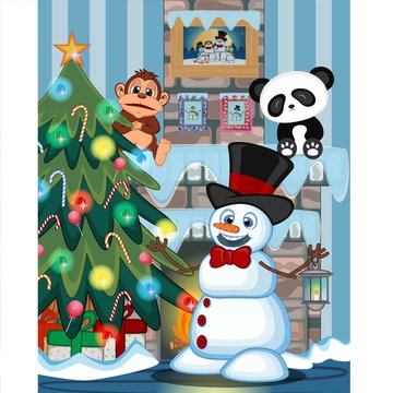 Snowman wearing a hat and a bow ties with christmas tree and fire place Vector Illustration