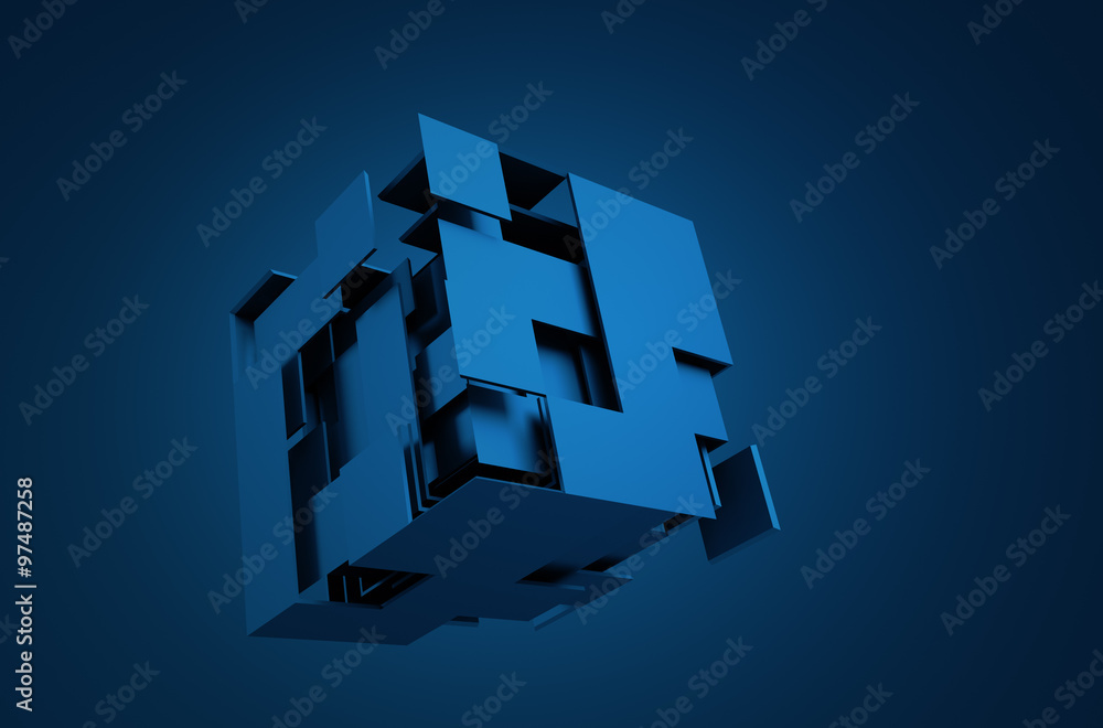 Poster abstract 3d rendering of flying cube.