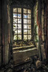 Fototapeta na wymiar Decayed organ in front of window in an abandoned house