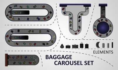 Five different types of baggage carousel constructions. Illustration includes: carousel plates, bags, baggage carousels. © zininigor