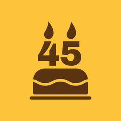 The birthday cake with candles in the form of number 45 icon. Birthday symbol. Flat