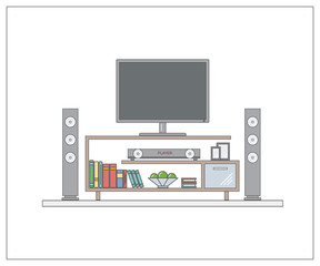Modern home cinema in living room. One page web design template with thin line. Concept for website or infographic.