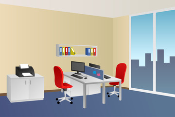 Office room blue beige interior white table red chair window illustration vector