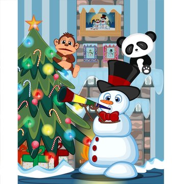 Snowman Wearing A Hat And A Bow Ties Blowing Horns with christmas tree and fire place Vector Illustration