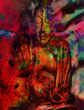 buddha and flower, abstract background. computer collage. Religion concept.