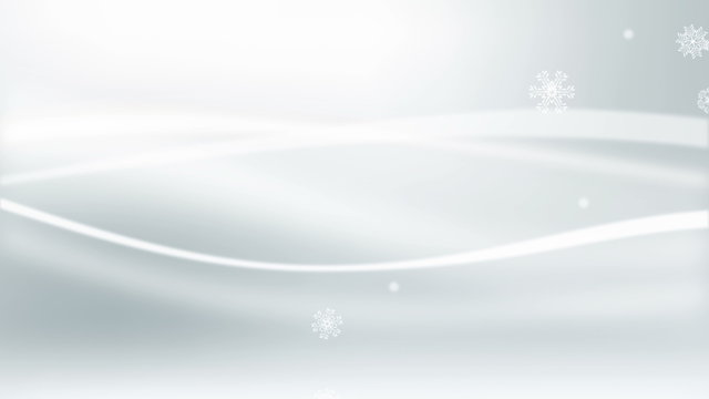 Abstract white waves in motion with falling white snowflakes on gradient gray background. Loop animation
