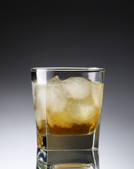 whiskey with ice in a sweaty glass