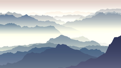 Horyzontalna ilustracja zmierzch w górach. - 97493017