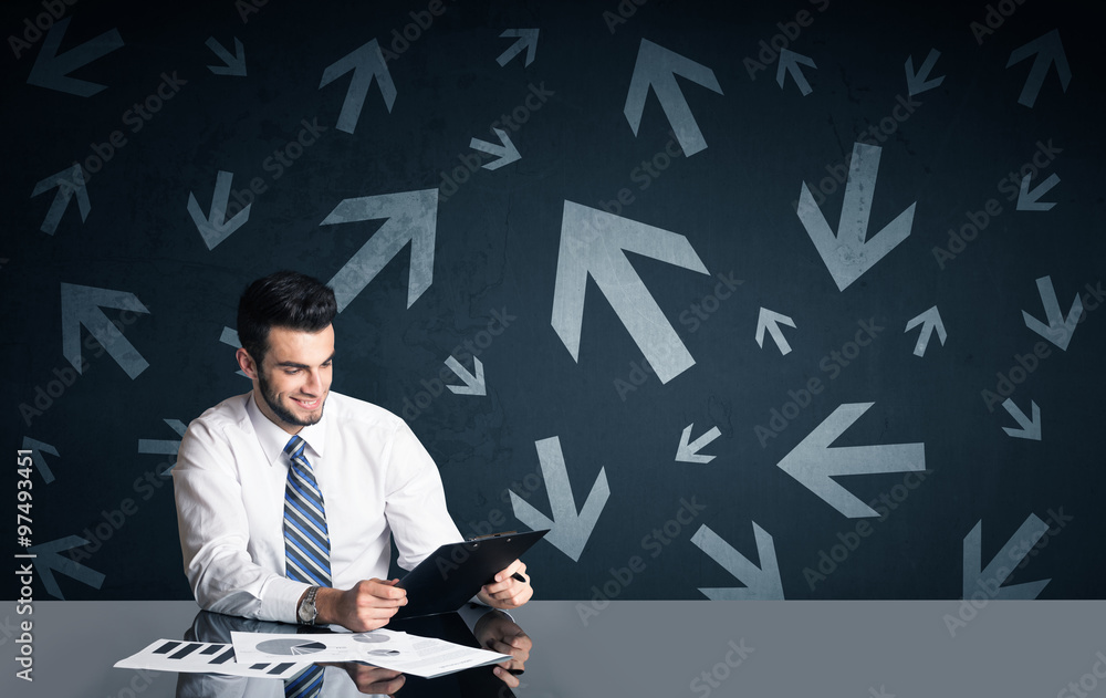 Poster businessman with arrows in background