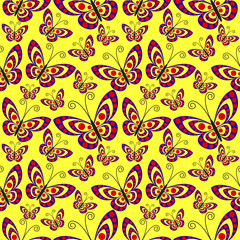 Seamless vector pattern with insects, chaotic bright background with close-up butterflies, over yellow backdrop