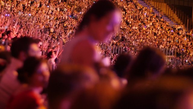 Handheld shot of a crowd making party at a rock concert