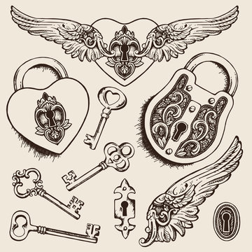 Keys and locks Vector illustration. Heart shaped padlock with wings in vintage engraved style with elegant keys. Romantic scrapbook set
