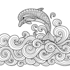 Fototapeta premium Ręcznie rysowane zentangle delfinów z przewijaniem fal morskich do kolorowania książki dla dorosłych