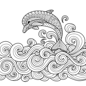 Hand drawn zentangle dolphin with scrolling sea wave for coloring book for adult