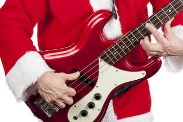 Father christmas playing a red electric bass guitar on a pure white background