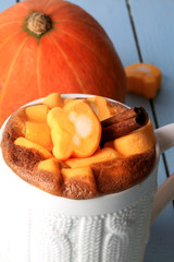 pumpkin spiced latte smoothie with marshmallow autumn winter hot drink