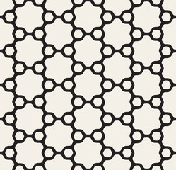 Vector Seamless Black and White Rounded Floral Hexagonal Star and Outlined Circles Pattern